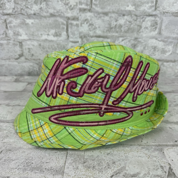 Vintage Disney World Mickey Mouse Green Bucket Hat Lime Green Plaid Graffiti Y2K - Picture 1 of 7